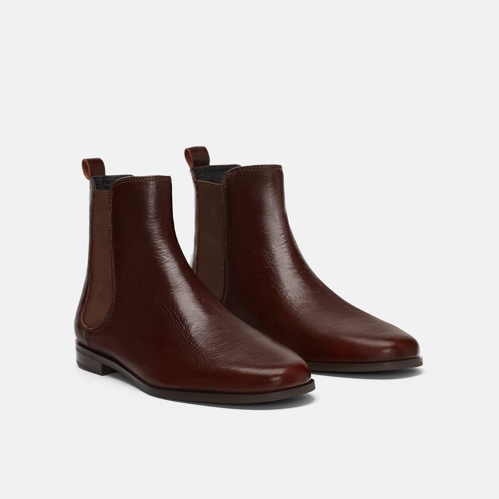 Zara Tobacco Leather Elastic Side Ankle Boots